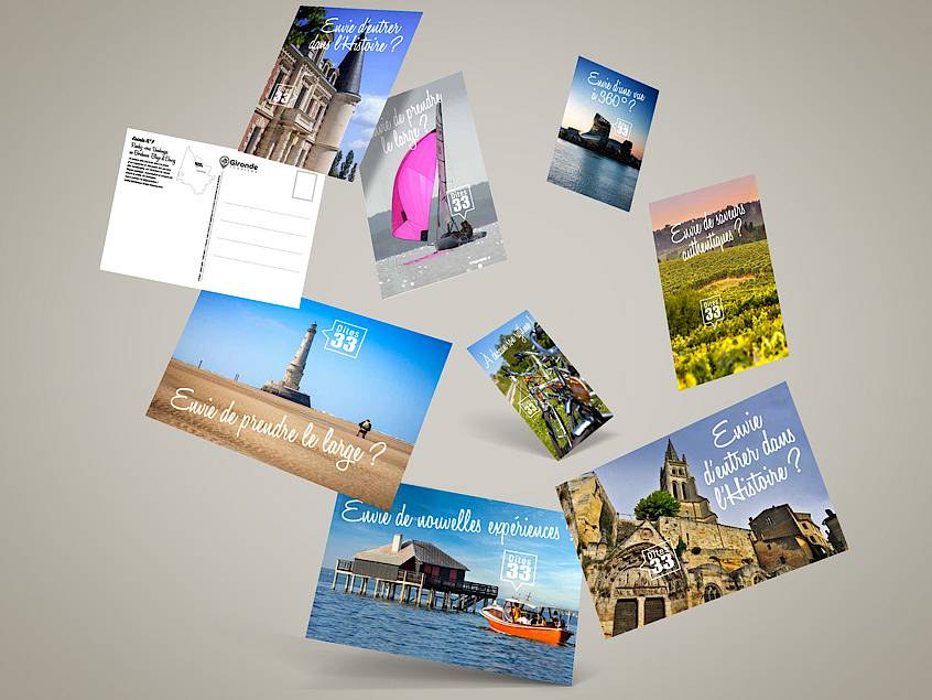 Déclinaison du concept créatif «  Dites 33 » sur 33 cartes postales représentant les atouts de la Gironde. 
Création du concept, mise en page du recto - verso, retouche photo et suivi de fabrication.
